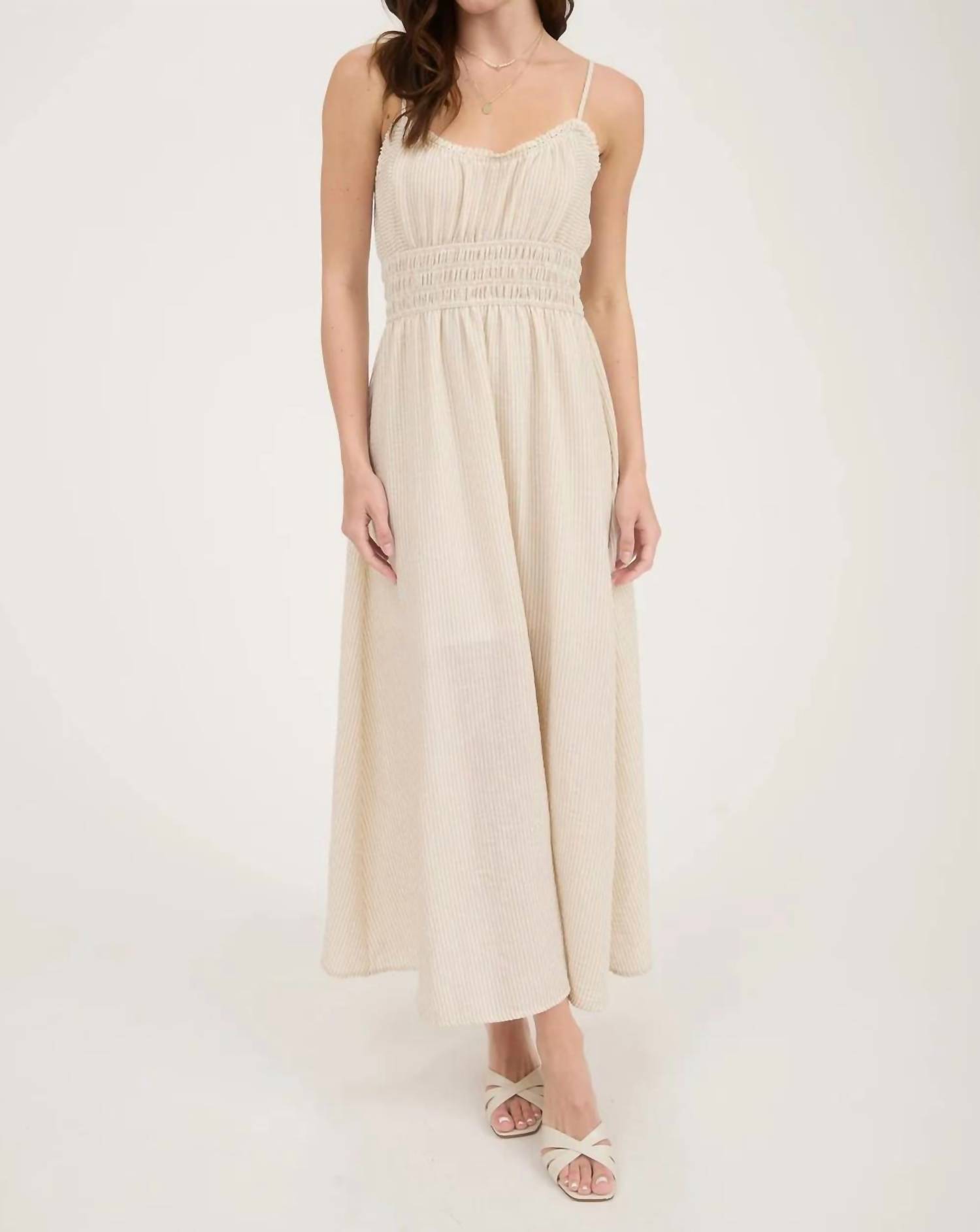 New Blu Pepper Striped Spaghetti Strap Midi Dress In Khaki